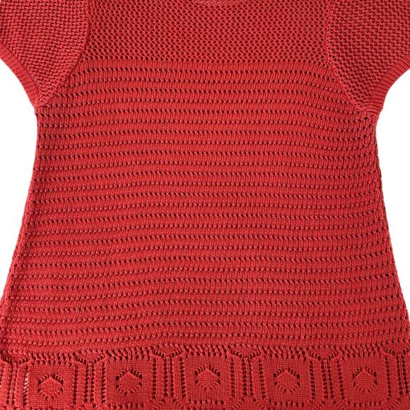 JohnPaulRichard Fringe Hem Red Knit Crocheted Short Sleeve Sweater Top Small - Picture 10 of 11